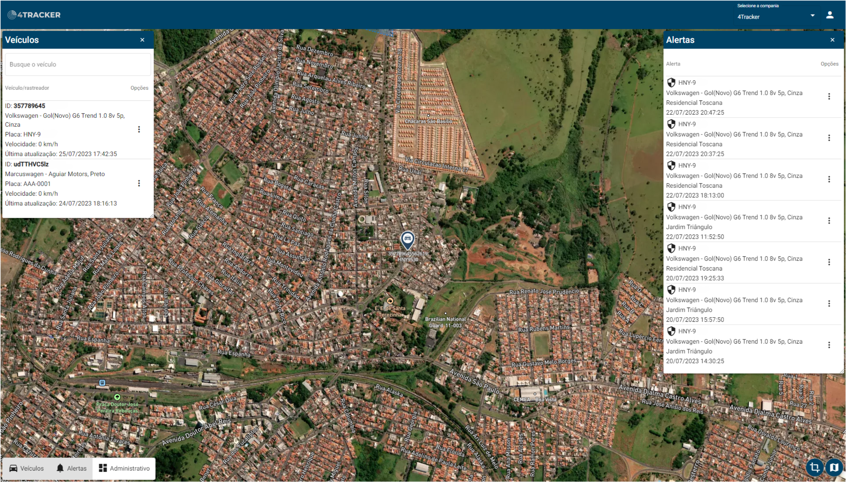 Interface da plataforma 4Tracker com mapa, rotas e eventos em tempo real